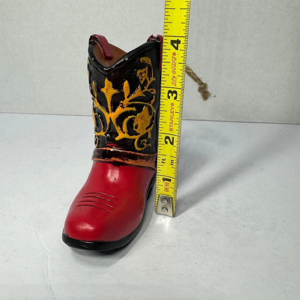 Western Cowboy Boot Ornament Red Black Yellow Filigree Resin‎ 4 Inch Hanging EUC